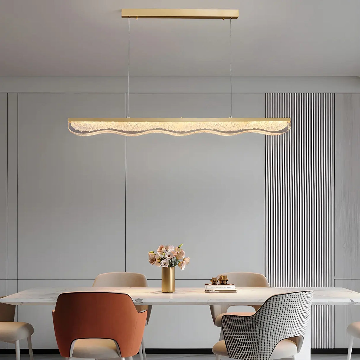 Sleek Gold Linear and Wavy Island Hanging Light Image - 2