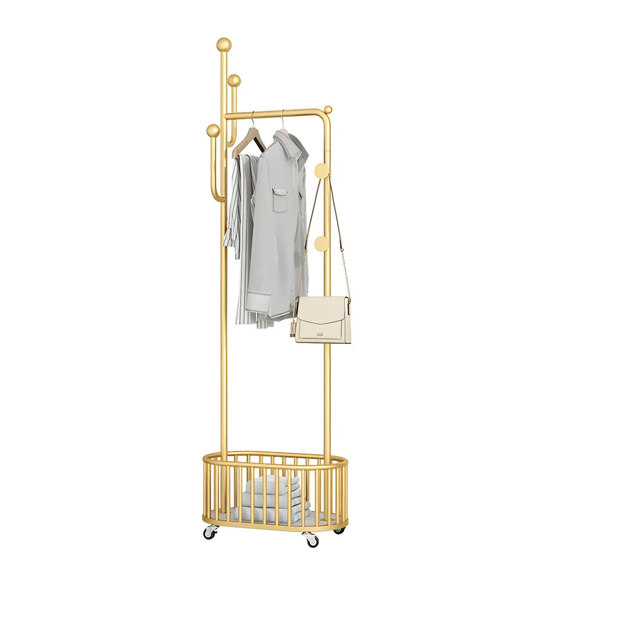 Sleek Gold Metal Coat Rack with Storage Basket and Casters Image - 10
