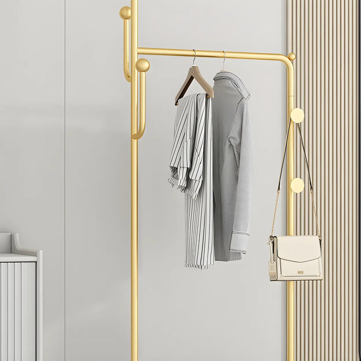 Sleek Gold Metal Coat Rack with Storage Basket and Casters Image - 11