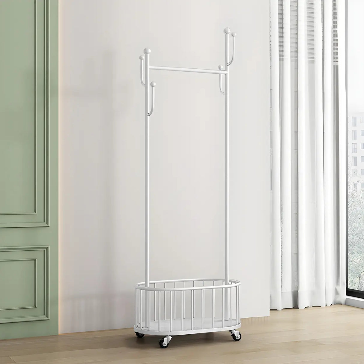 Sleek Gold Metal Coat Rack with Storage Basket and Casters Image - 12