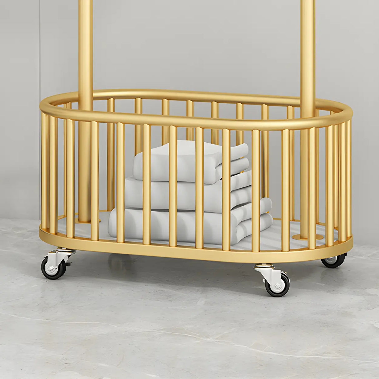 Sleek Gold Metal Coat Rack with Storage Basket and Casters Image - 14