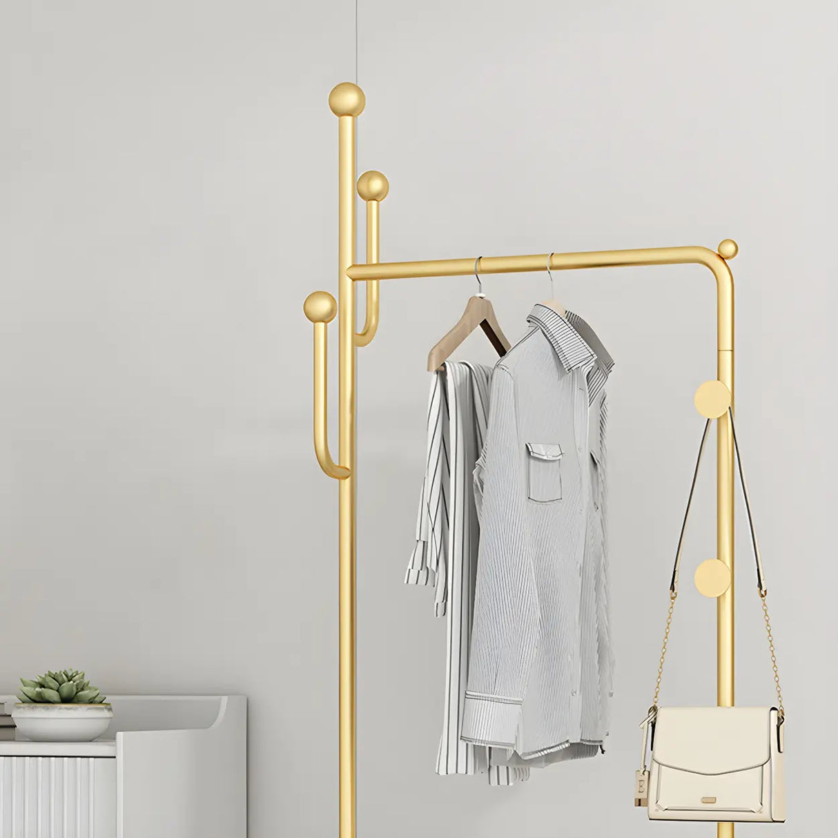 Sleek Gold Metal Coat Rack with Storage Basket and Casters Image - 15