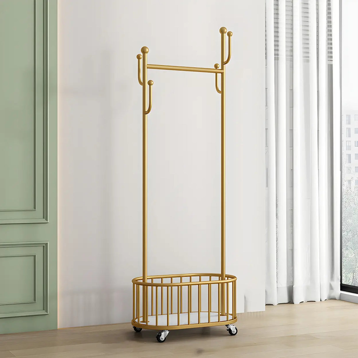 Sleek Gold Metal Coat Rack with Storage Basket and Casters Image - 16