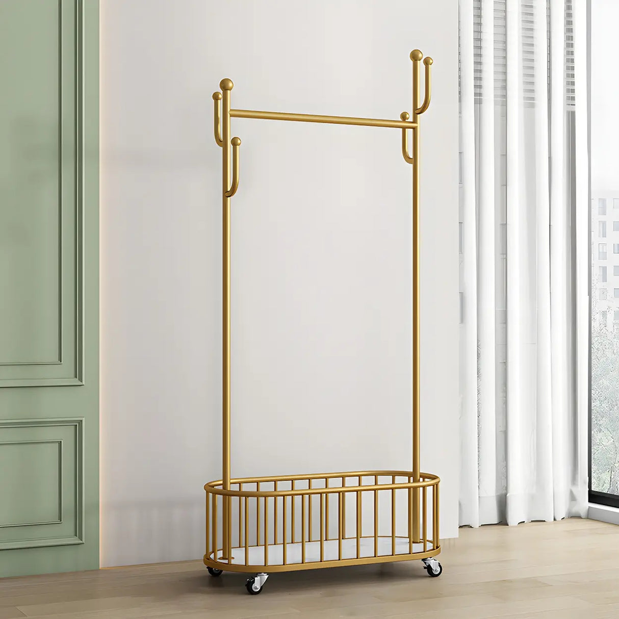 Sleek Gold Metal Coat Rack with Storage Basket and Casters Image - 17