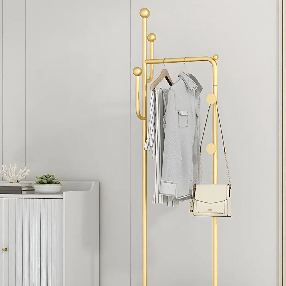 Sleek Gold Metal Coat Rack with Storage Basket and Casters Image - 18