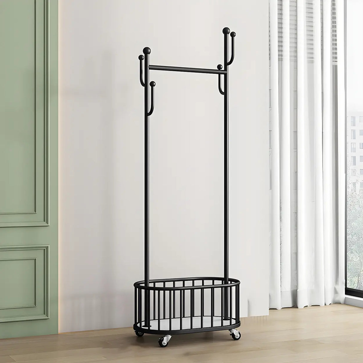 Sleek Gold Metal Coat Rack with Storage Basket and Casters Image - 19