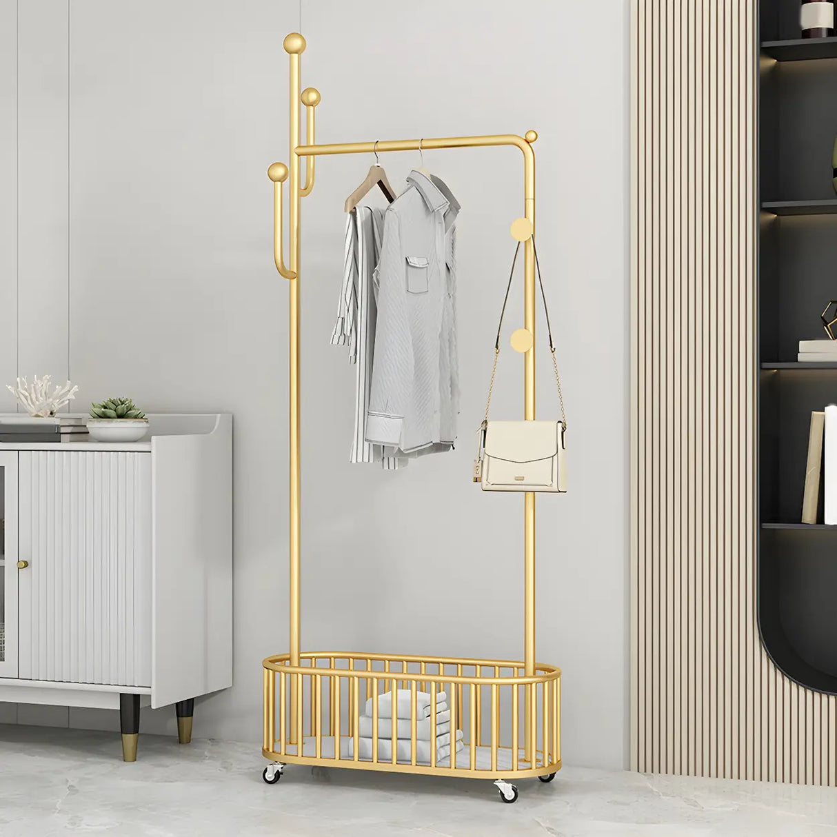 Sleek Gold Metal Coat Rack with Storage Basket and Casters Image - 20
