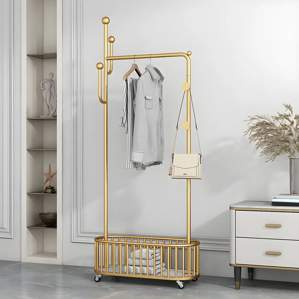 Sleek Gold Metal Coat Rack with Storage Basket and Casters Image - 21
