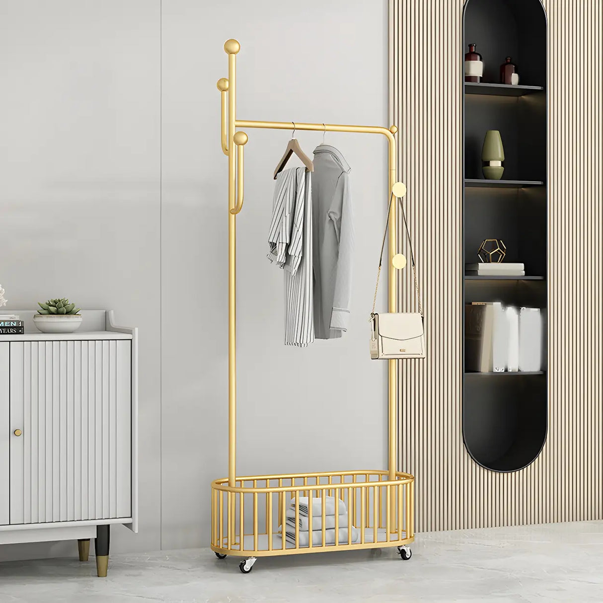 Sleek Gold Metal Coat Rack with Storage Basket and Casters Image - 22