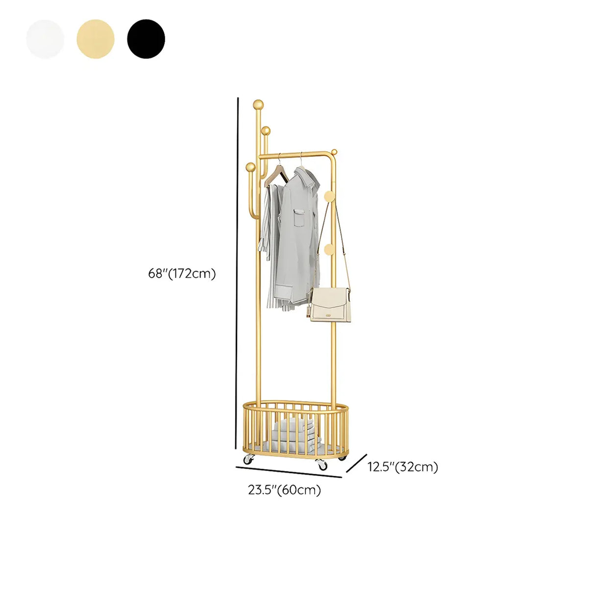 Sleek Gold Metal Coat Rack with Storage Basket and Casters