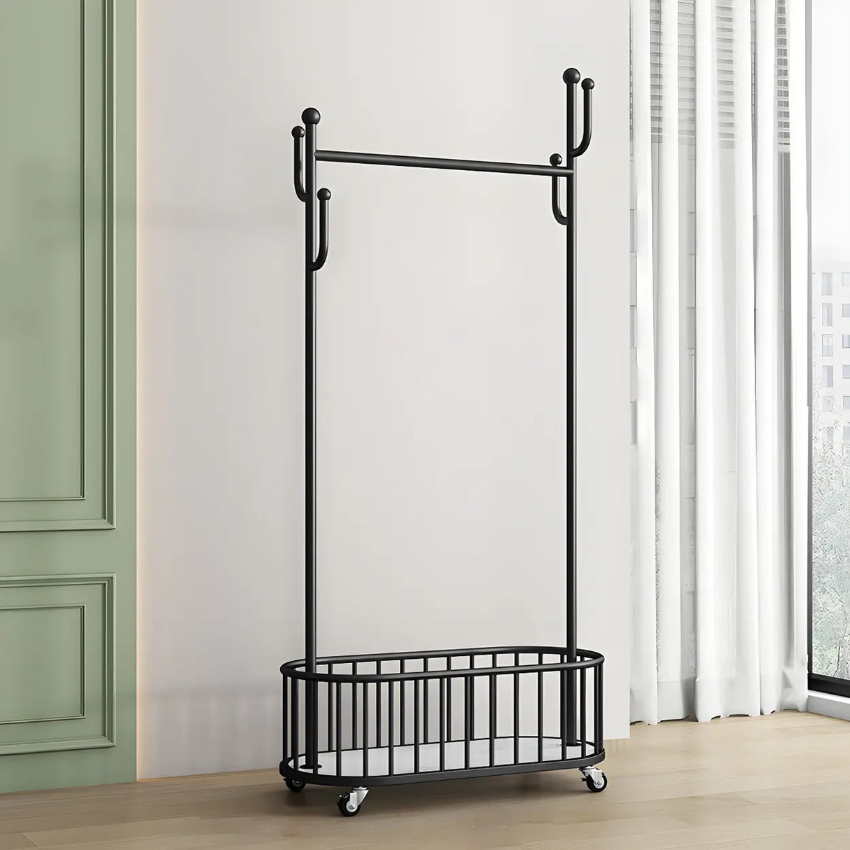Sleek Gold Metal Coat Rack with Storage Basket and Casters Image - 2