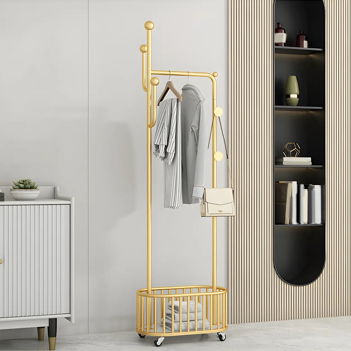 Sleek Gold Metal Coat Rack with Storage Basket and Casters Image - 4