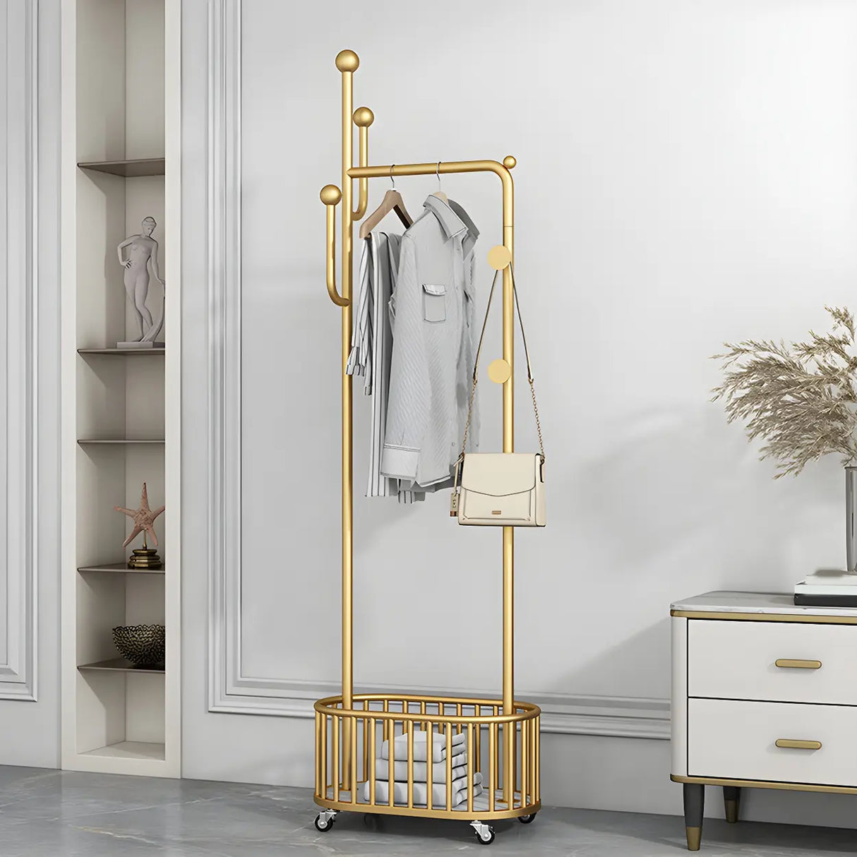 Sleek Gold Metal Coat Rack with Storage Basket and Casters Image - 5