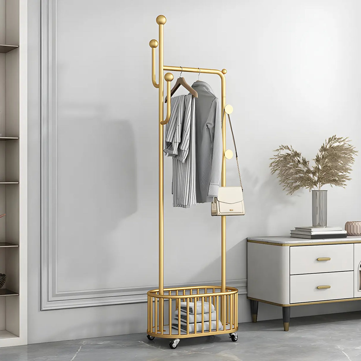 Sleek Gold Metal Coat Rack with Storage Basket and Casters Image - 7