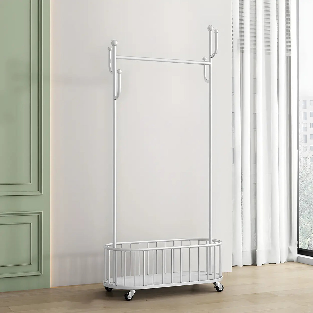 Sleek Gold Metal Coat Rack with Storage Basket and Casters Image - 8