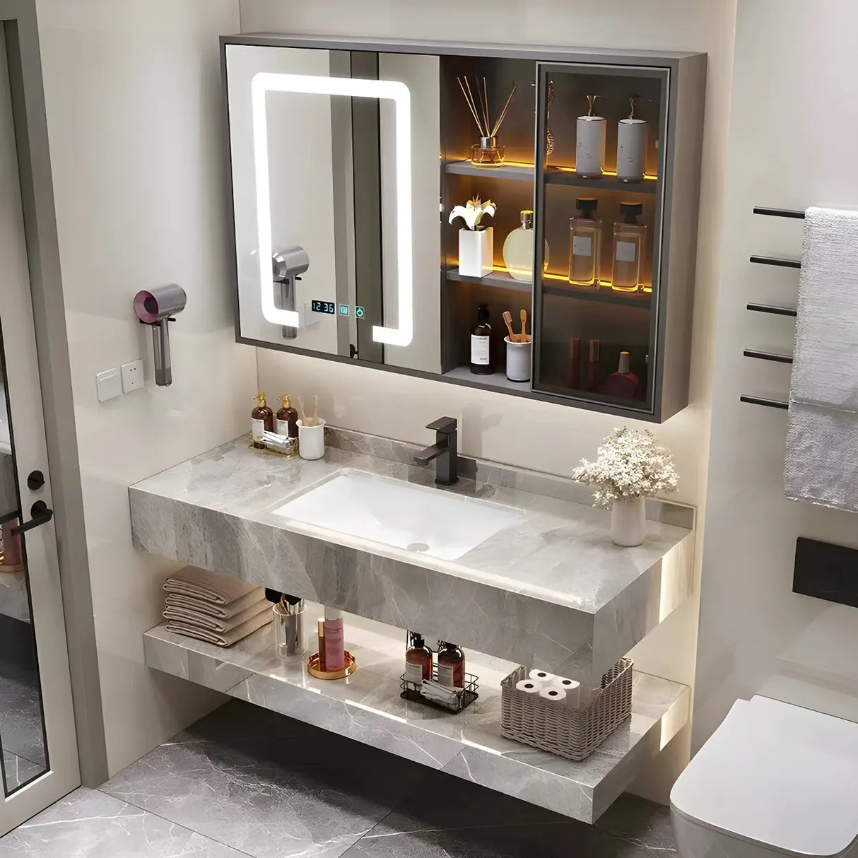 Sleek Gray Stone Sink Wall Mounted Bath Vanity with Mirror Image - 1