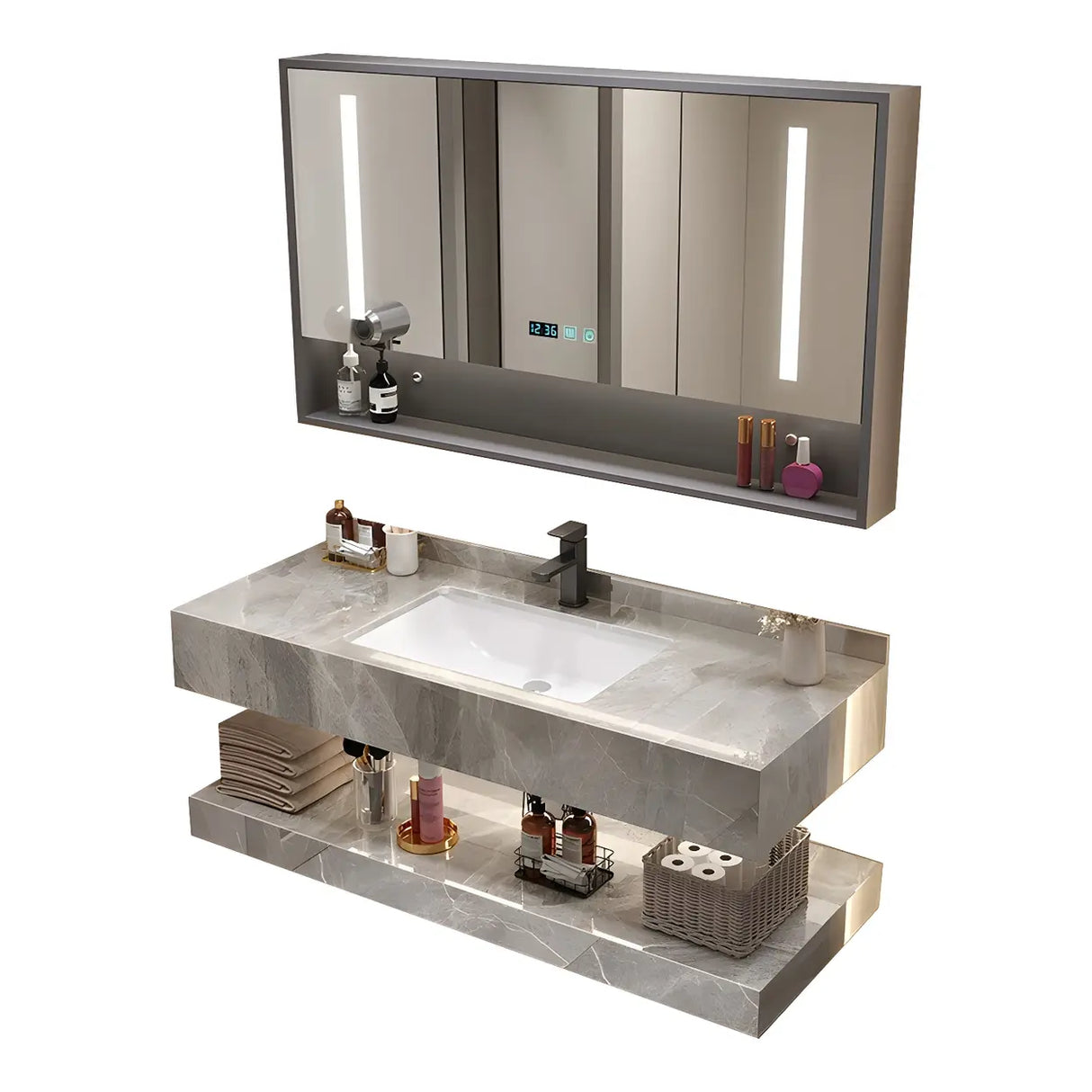 Sleek Gray Stone Sink Wall Mounted Bath Vanity with Mirror Image - 10