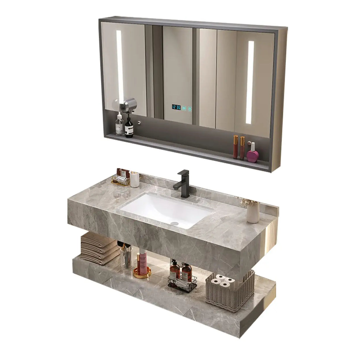 Sleek Gray Stone Sink Wall Mounted Bath Vanity with Mirror Image - 11