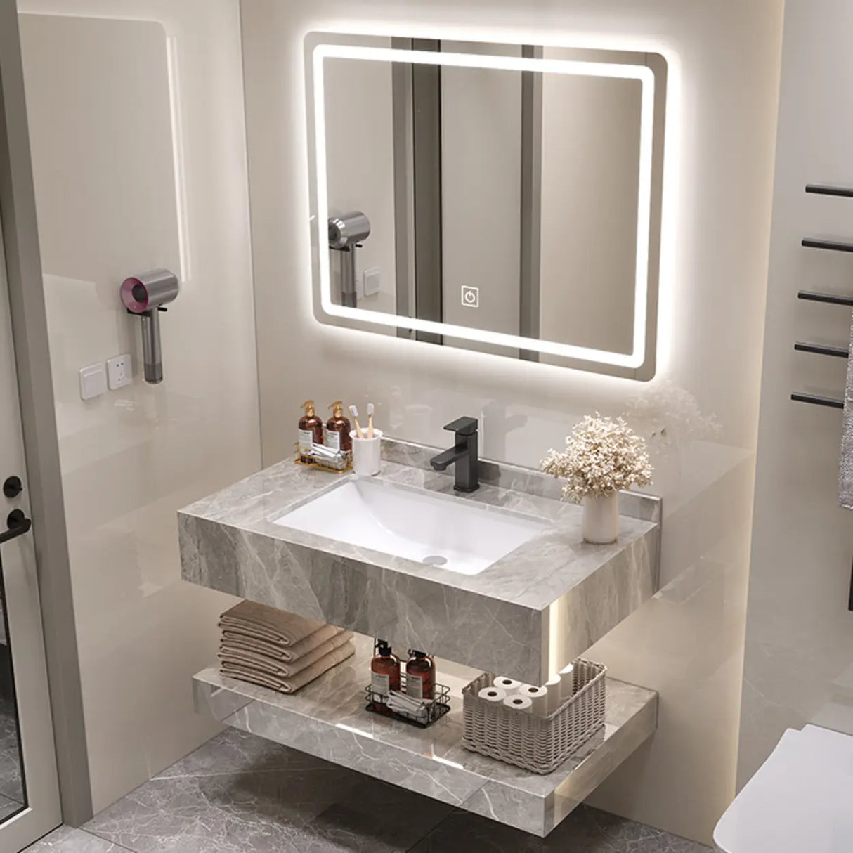 Sleek Gray Stone Sink Wall Mounted Bath Vanity with Mirror Image - 13