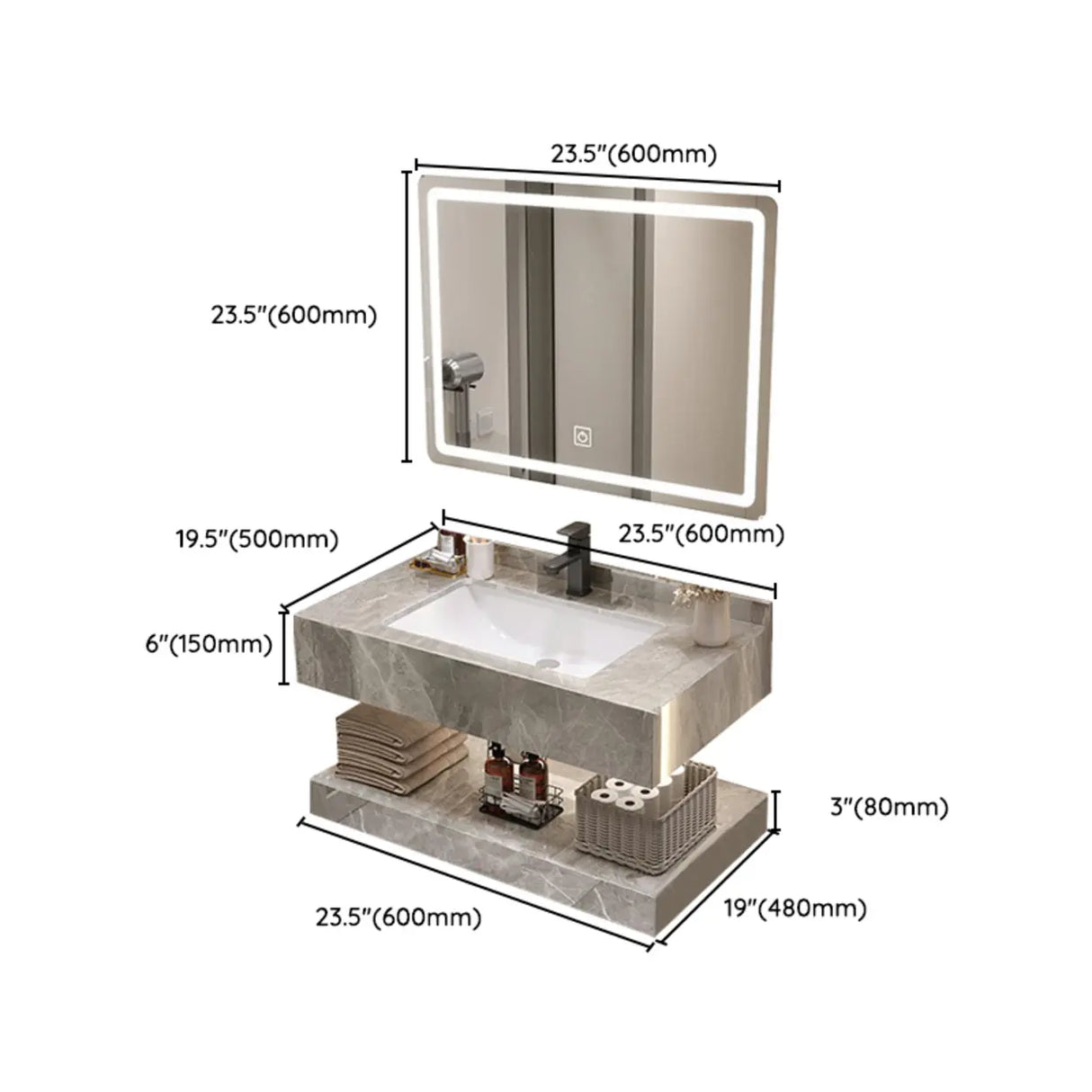 Sleek Gray Stone Sink Wall Mounted Bath Vanity with Mirror