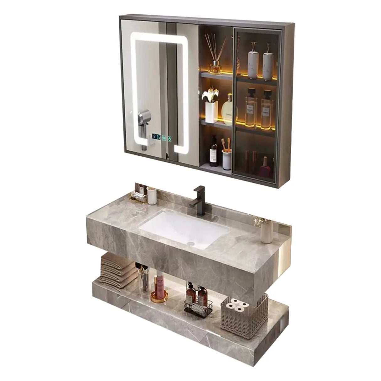 Sleek Gray Stone Sink Wall Mounted Bath Vanity with Mirror Image - 2