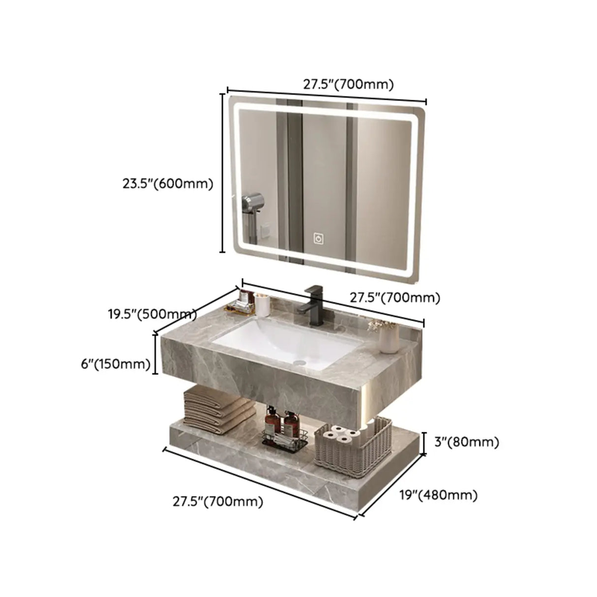 Sleek Gray Stone Sink Wall Mounted Bath Vanity with Mirror Image - 20