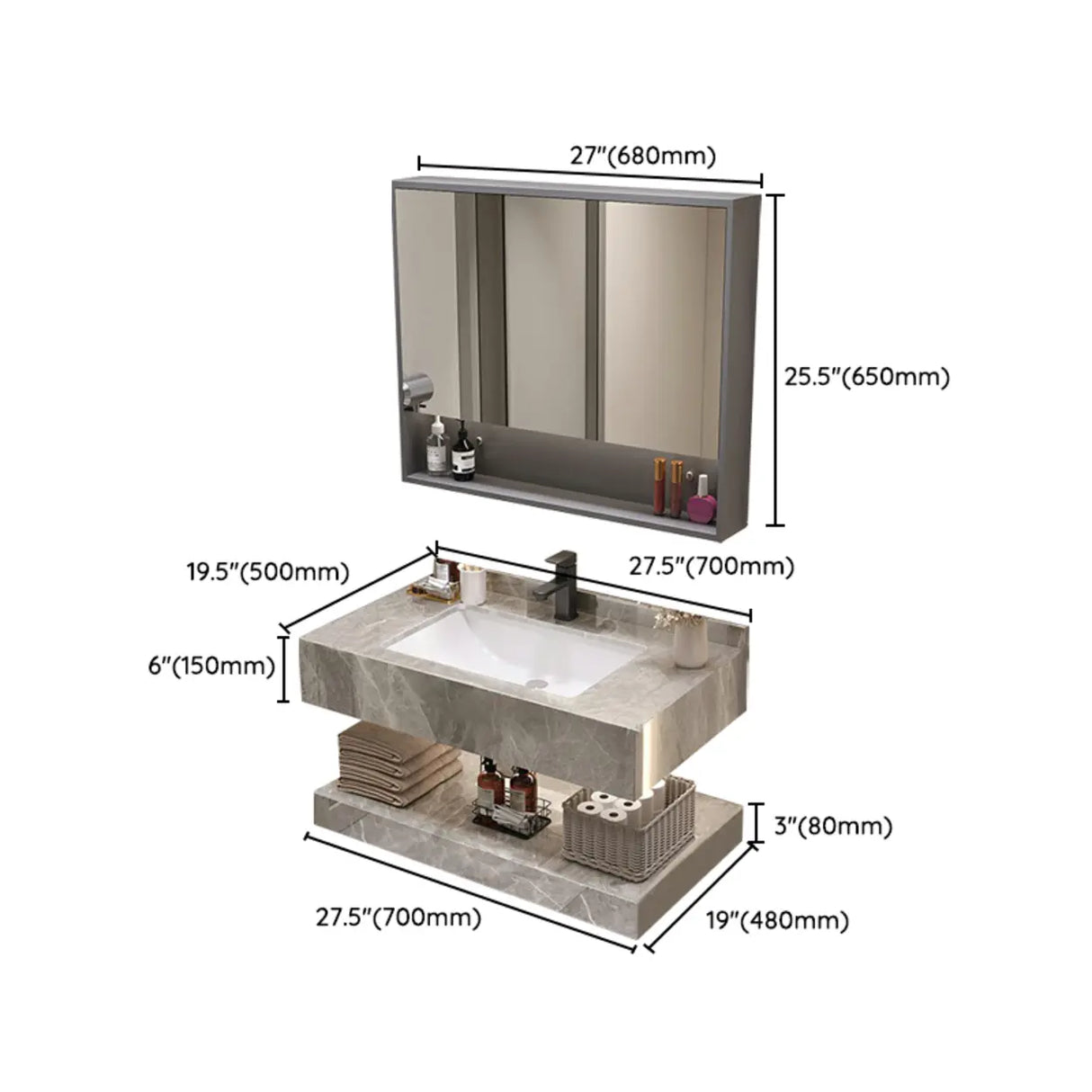 Sleek Gray Stone Sink Wall Mounted Bath Vanity with Mirror Image - 21