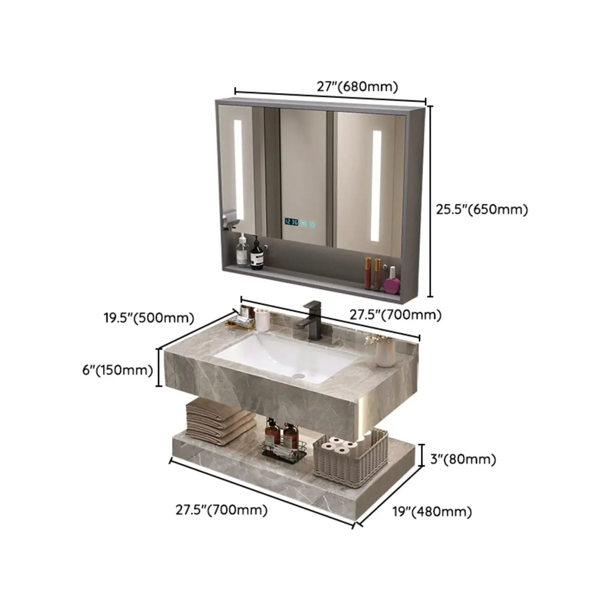 Sleek Gray Stone Sink Wall Mounted Bath Vanity with Mirror Image - 22