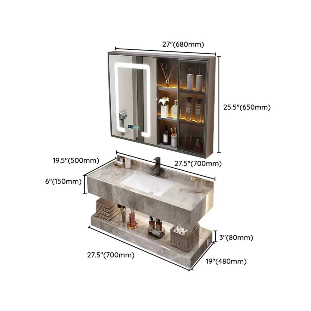 Sleek Gray Stone Sink Wall Mounted Bath Vanity with Mirror Image - 23