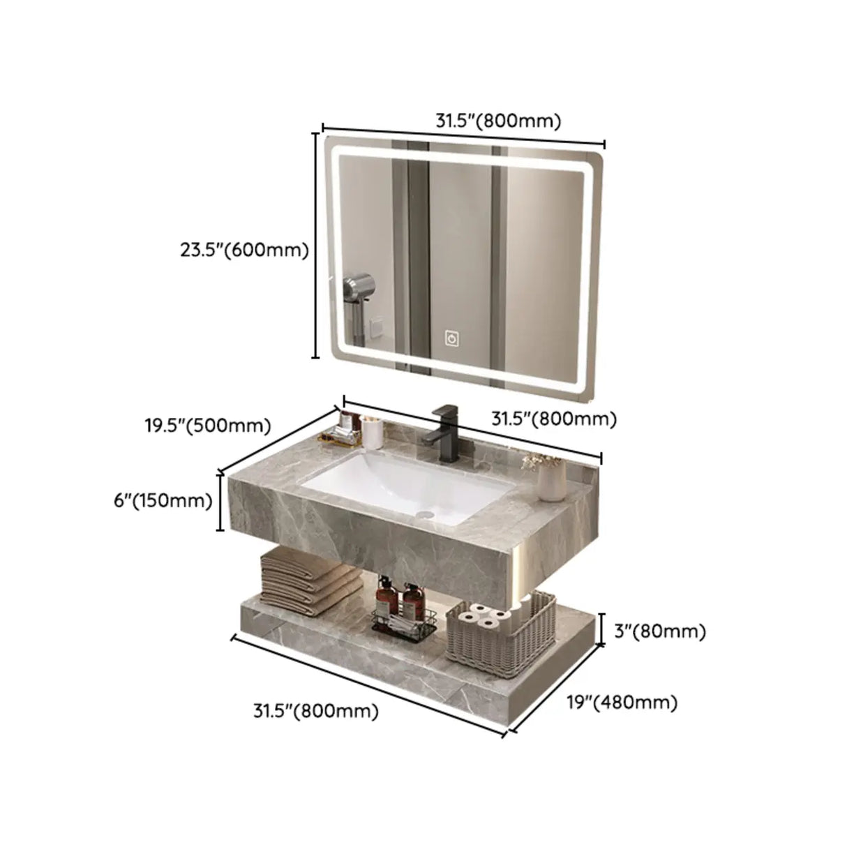Sleek Gray Stone Sink Wall Mounted Bath Vanity with Mirror Image - 24
