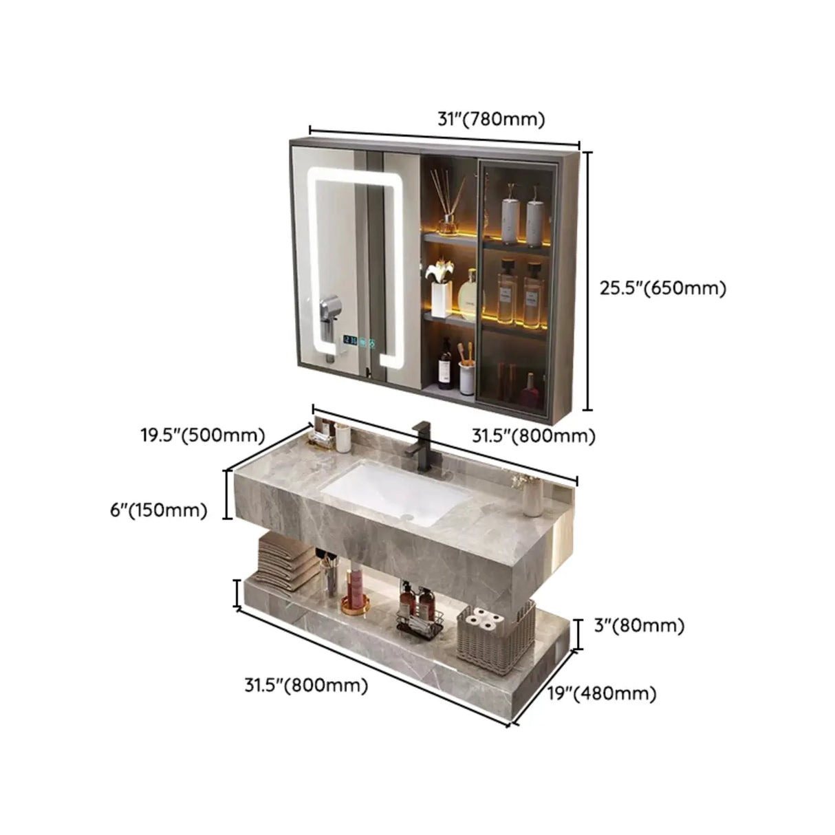 Sleek Gray Stone Sink Wall Mounted Bath Vanity with Mirror Image - 27