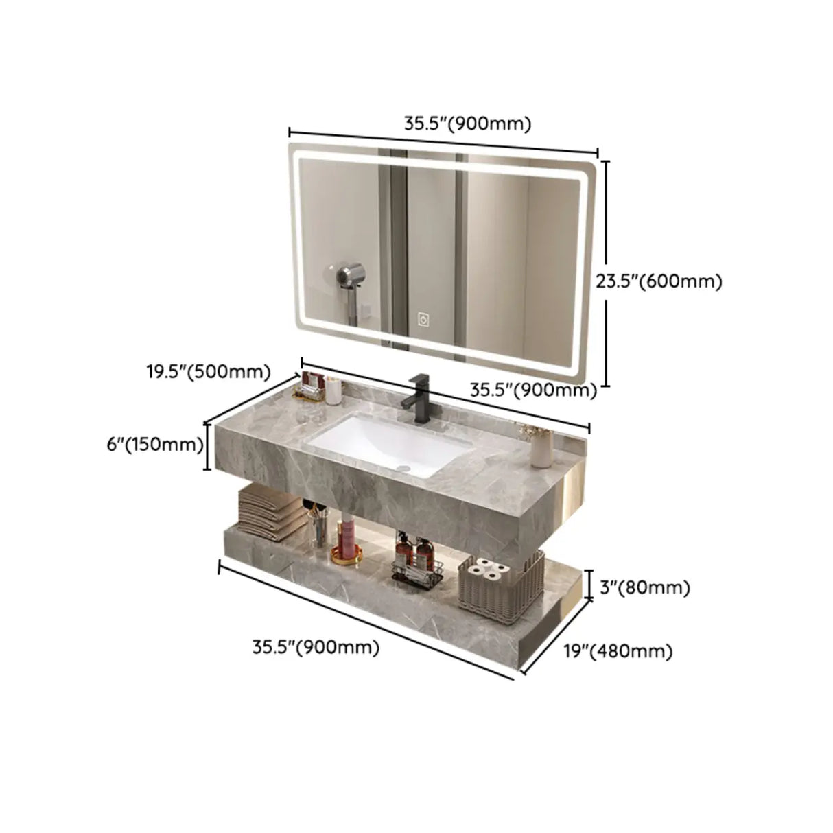 Sleek Gray Stone Sink Wall Mounted Bath Vanity with Mirror Image - 28