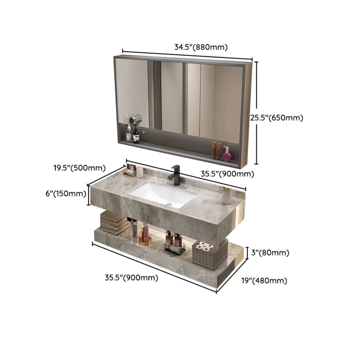 Sleek Gray Stone Sink Wall Mounted Bath Vanity with Mirror Image - 29