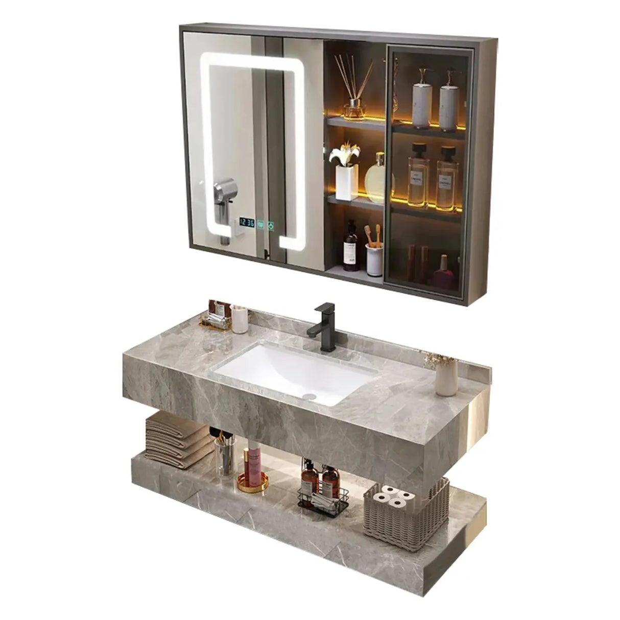 Sleek Gray Stone Sink Wall Mounted Bath Vanity with Mirror Image - 3