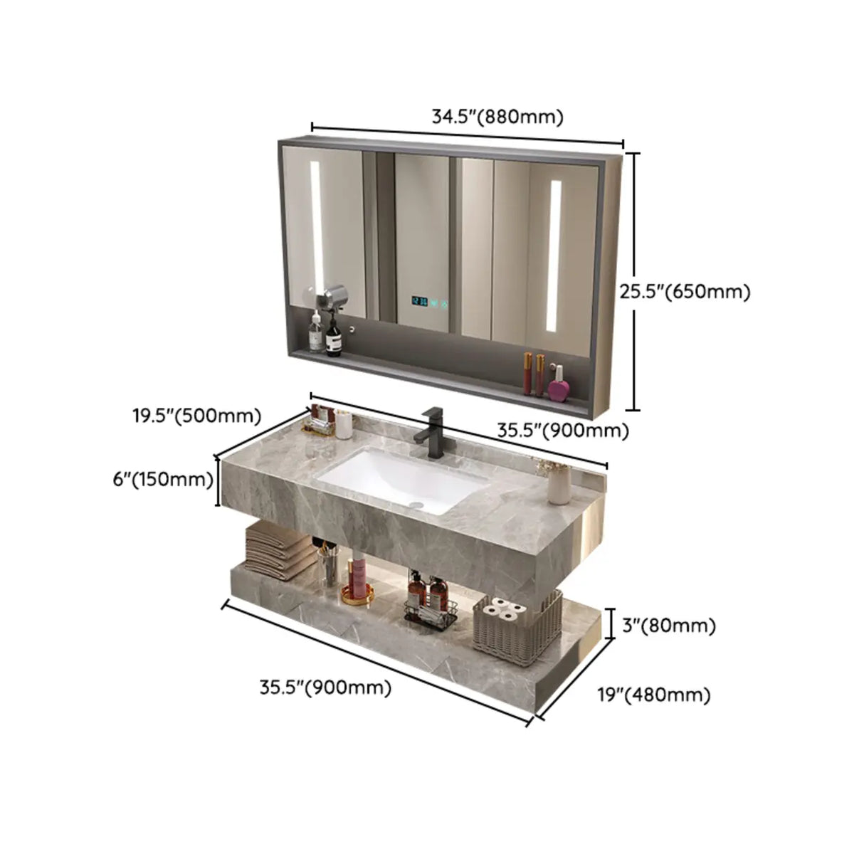 Sleek Gray Stone Sink Wall Mounted Bath Vanity with Mirror Image - 30