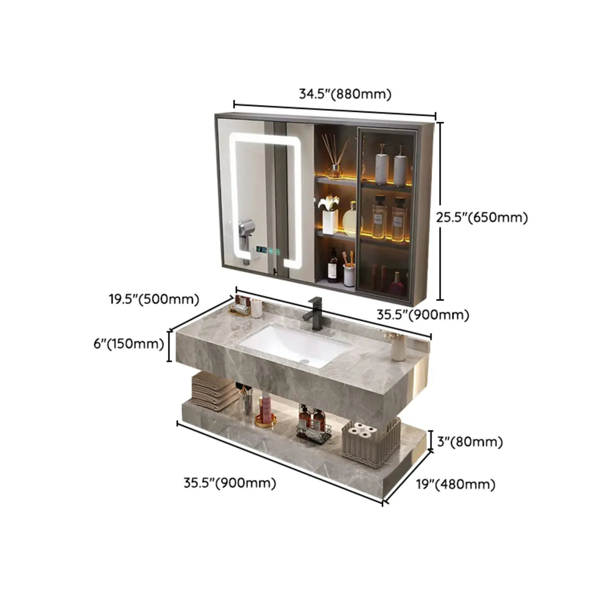 Sleek Gray Stone Sink Wall Mounted Bath Vanity with Mirror Image - 31