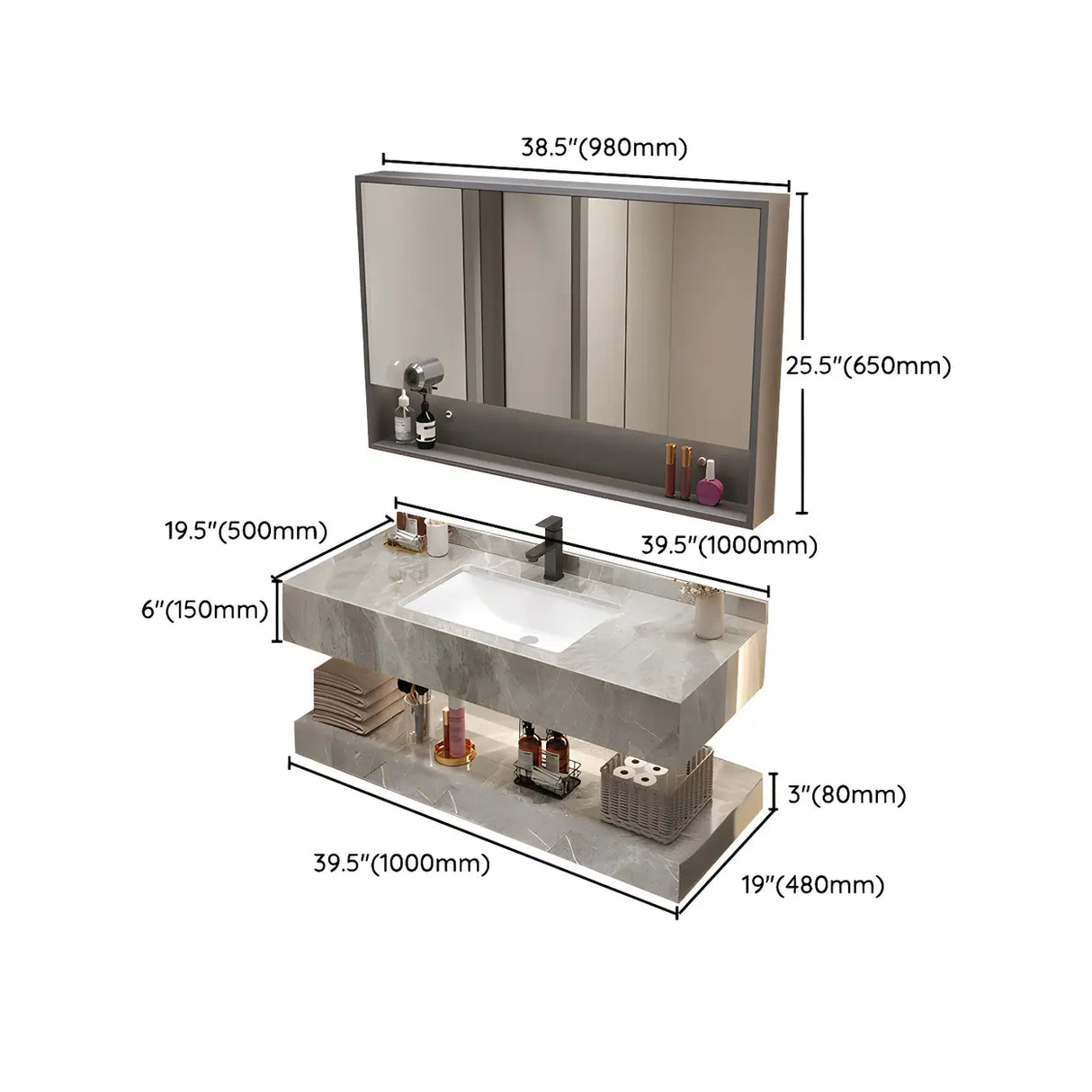 Sleek Gray Stone Sink Wall Mounted Bath Vanity with Mirror Image - 33