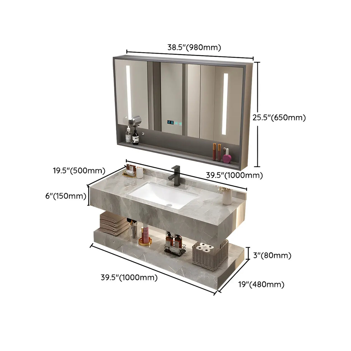 Sleek Gray Stone Sink Wall Mounted Bath Vanity with Mirror Image - 34