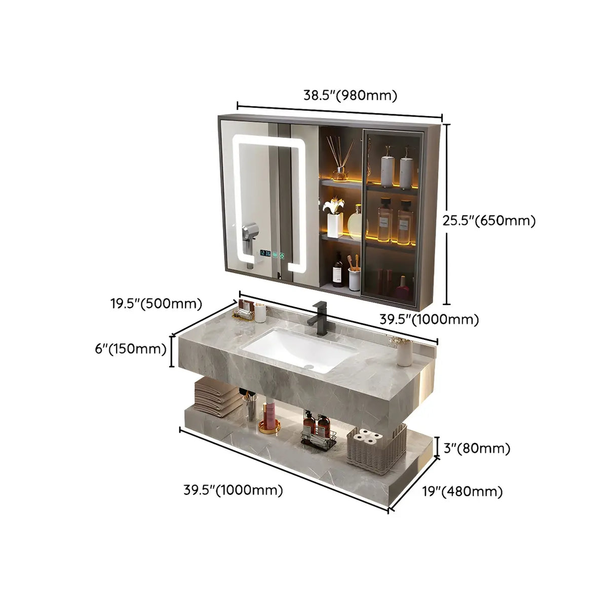 Sleek Gray Stone Sink Wall Mounted Bath Vanity with Mirror Image - 35