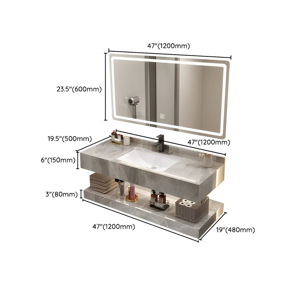 Sleek Gray Stone Sink Wall Mounted Bath Vanity with Mirror Image - 36