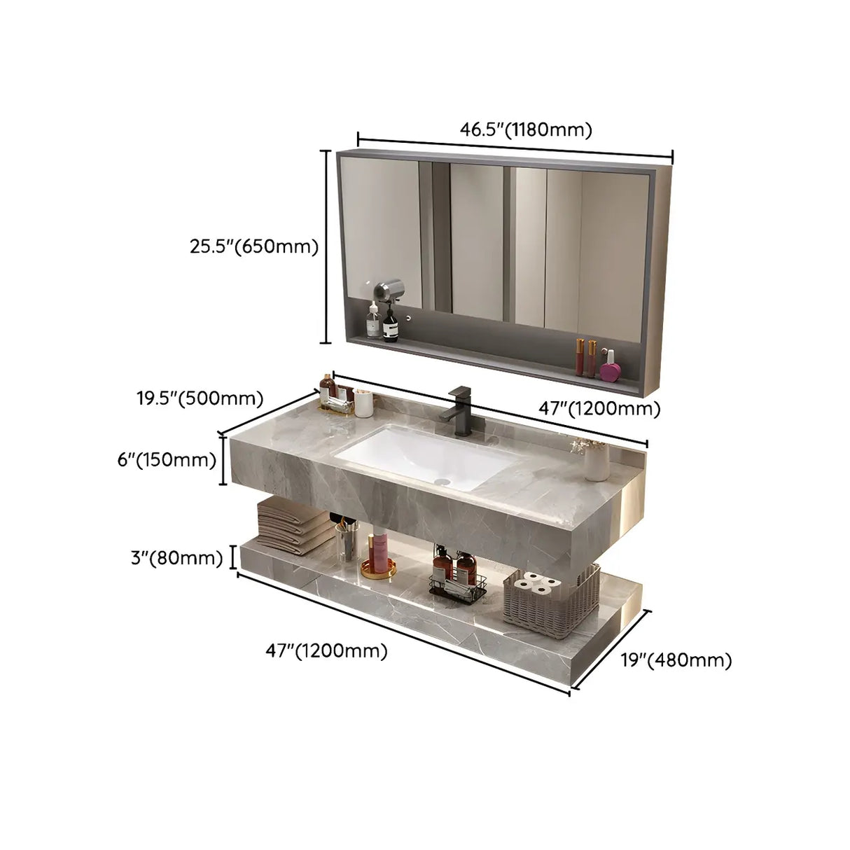 Sleek Gray Stone Sink Wall Mounted Bath Vanity with Mirror Image - 37