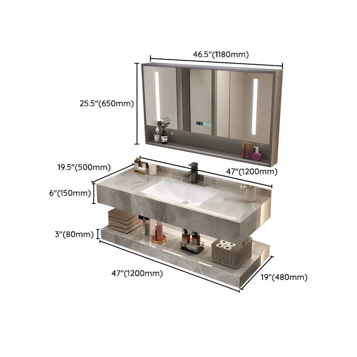 Sleek Gray Stone Sink Wall Mounted Bath Vanity with Mirror Image - 38