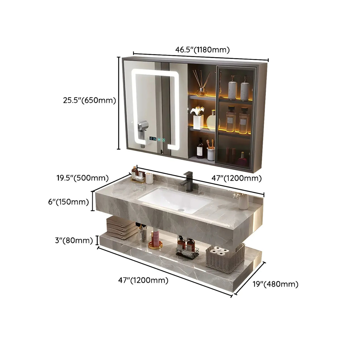 Sleek Gray Stone Sink Wall Mounted Bath Vanity with Mirror Image - 39