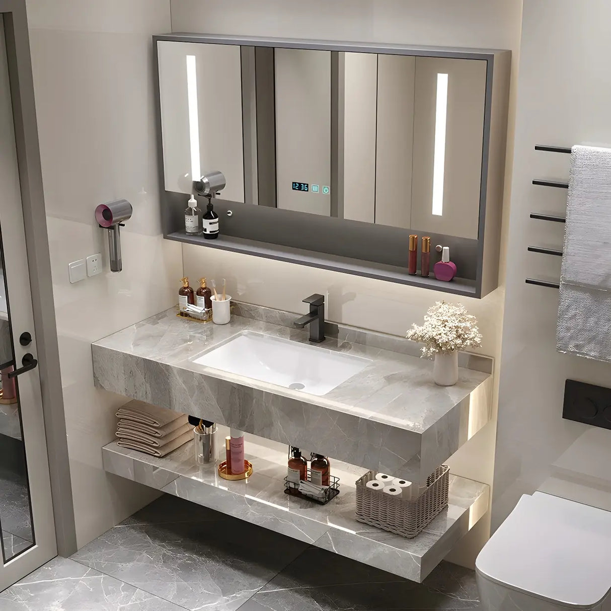 Sleek Gray Stone Sink Wall Mounted Bath Vanity with Mirror Image - 4