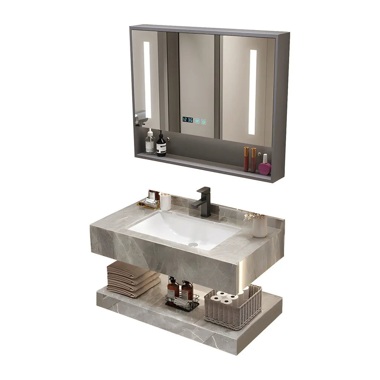 Sleek Gray Stone Sink Wall Mounted Bath Vanity with Mirror Image - 5