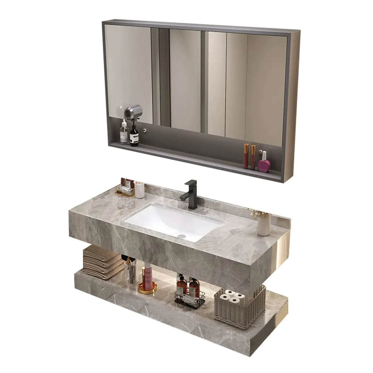 Sleek Gray Stone Sink Wall Mounted Bath Vanity with Mirror Image - 7