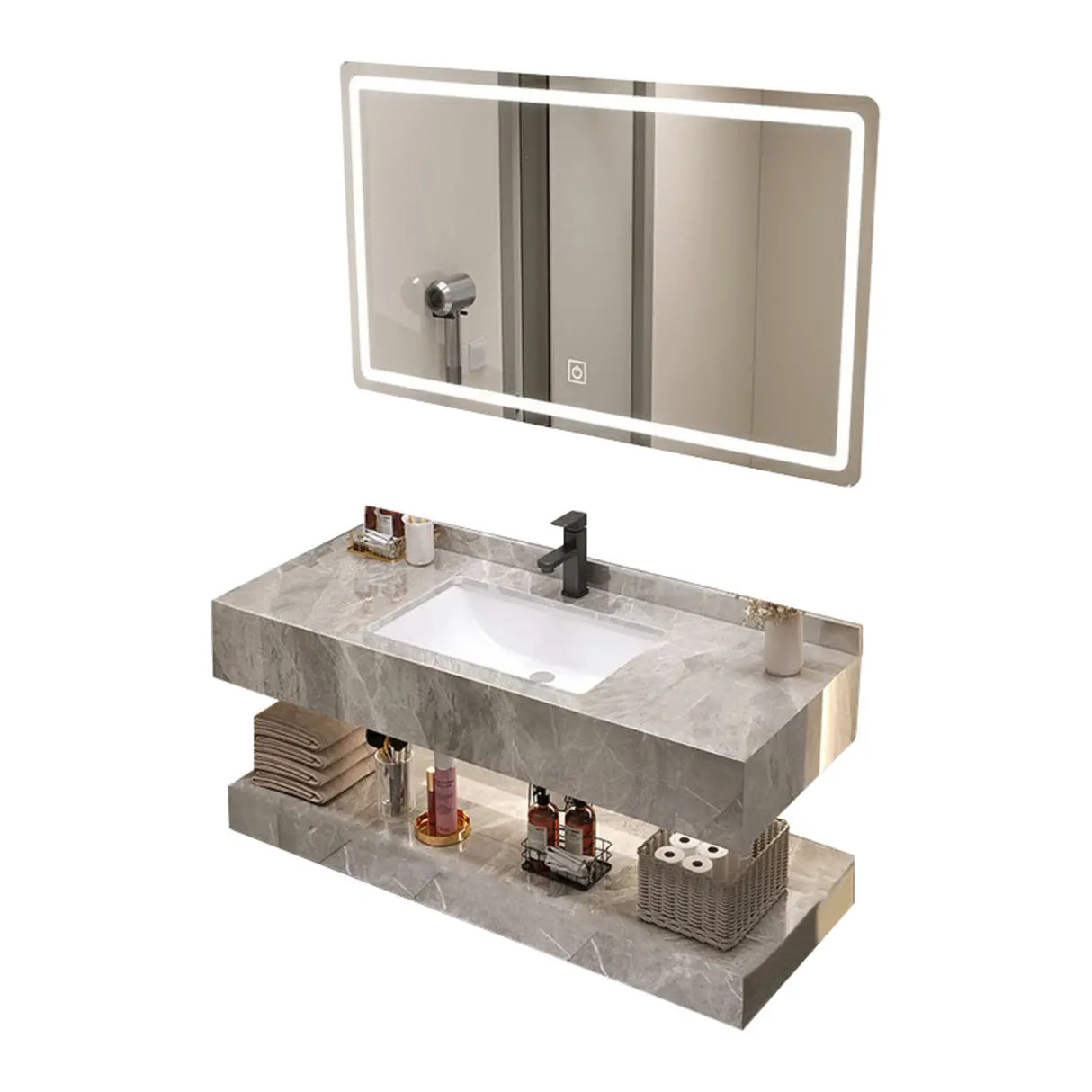 Sleek Gray Stone Sink Wall Mounted Bath Vanity with Mirror Image - 9