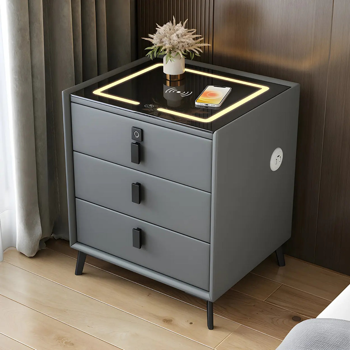 Sleek Grey Wood Drawer Nightstand with LED Glass Top Image - 1