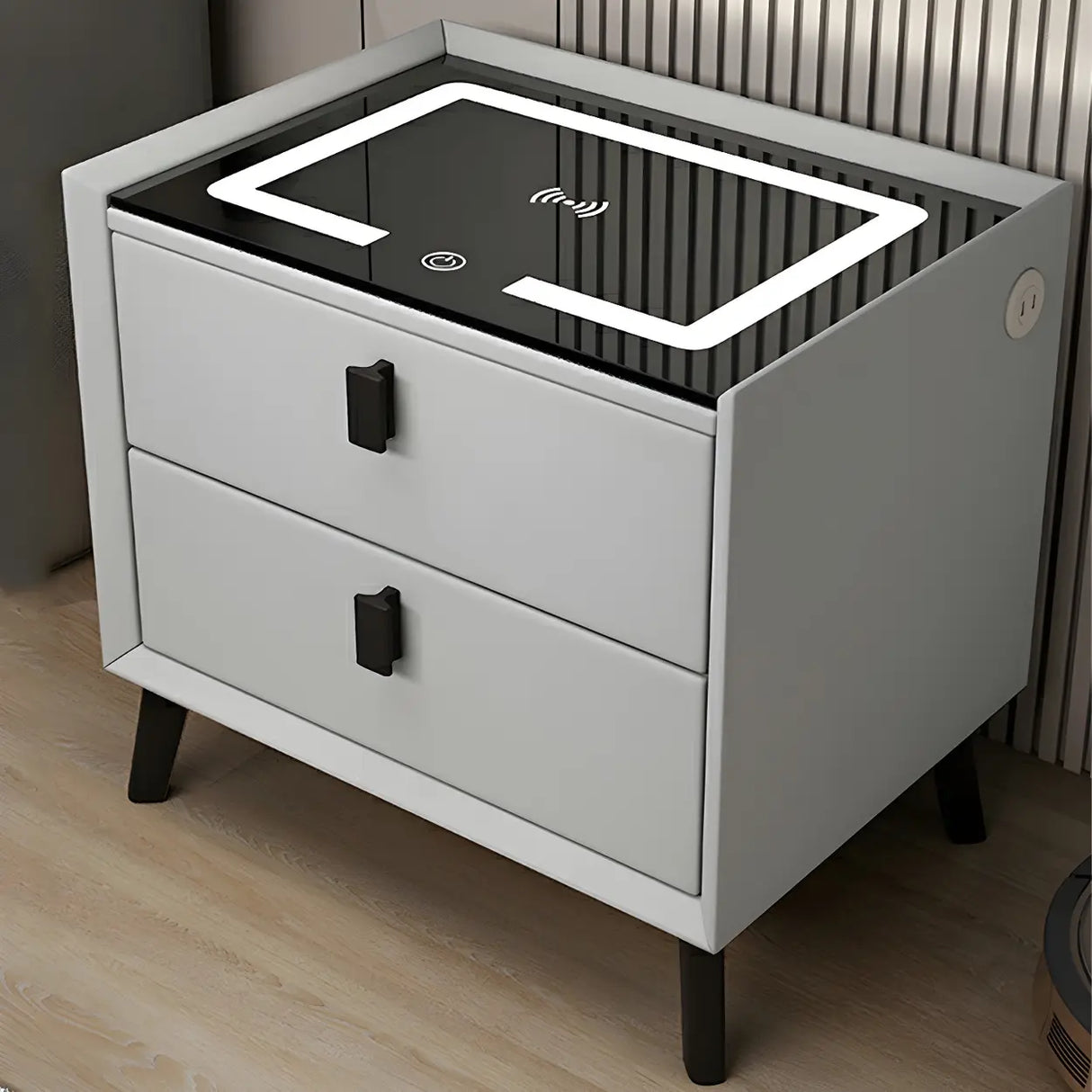 Sleek Grey Wood Drawer Nightstand with LED Glass Top Image - 2