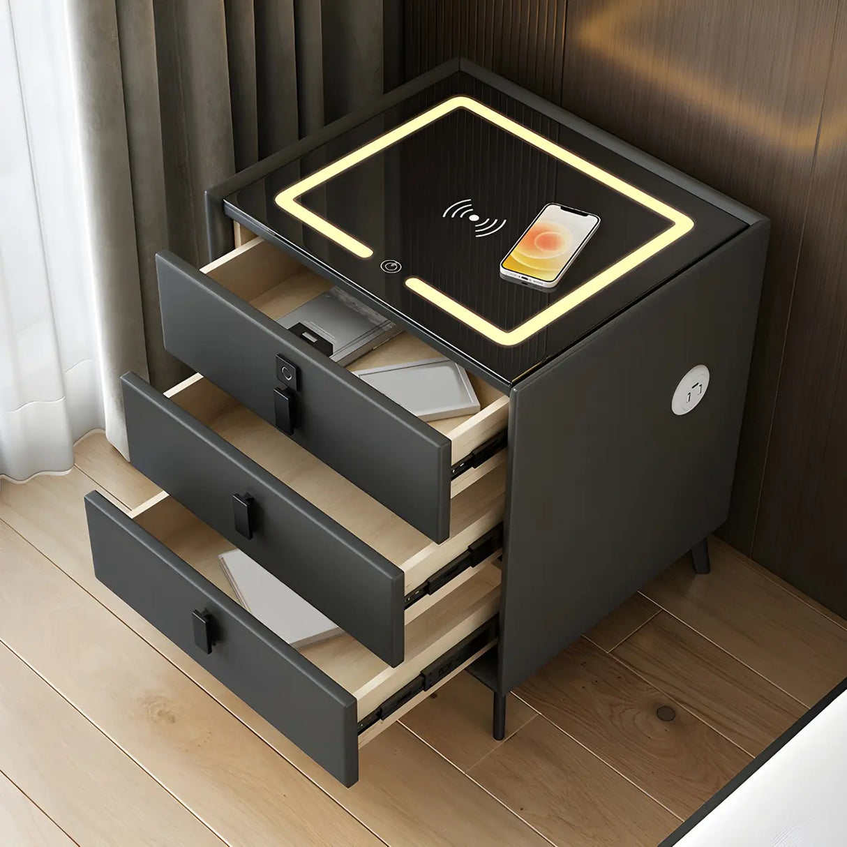 Sleek Grey Wood Drawer Nightstand with LED Glass Top Image - 3